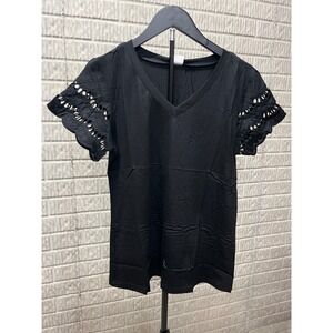 WIHOLL Black Eyelet Lace‎ Flutter Sleeve V Neck T Shirt Top Size S